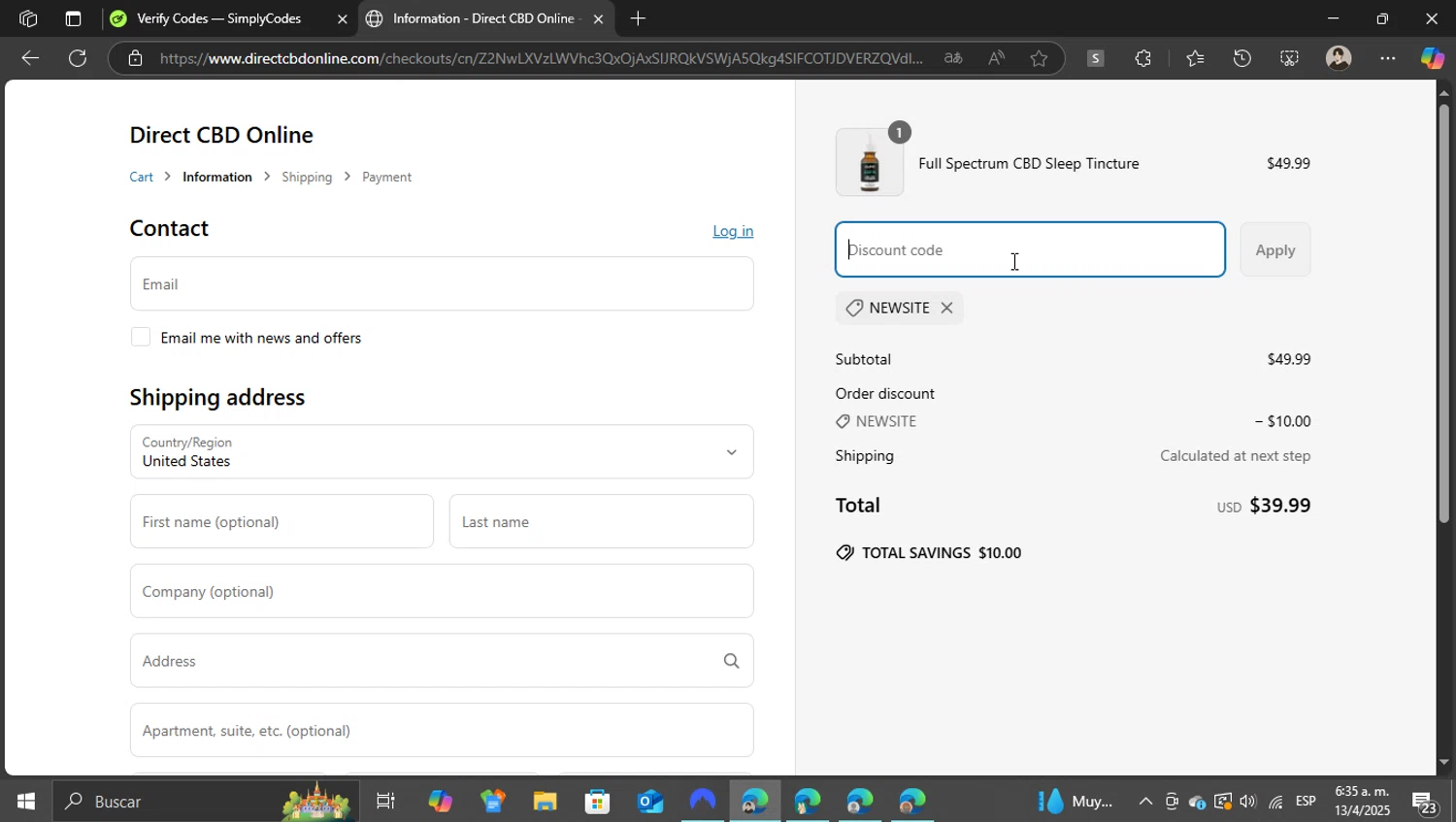 Direct CBD Online discount code screenshot showing code NEWSITE applied at Direct CBD Online checkout page. Uploaded by SimplyCodes community member WonderKnight7884 on Apr 13, 2025