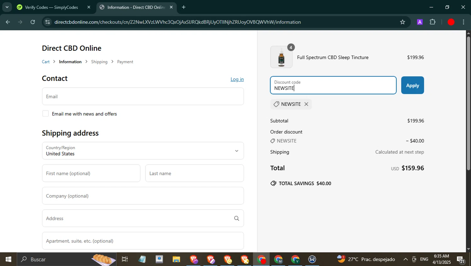Direct CBD Online discount code screenshot showing code NEWSITE applied at Direct CBD Online checkout page. Uploaded by SimplyCodes community member WonderPilot3689 on Apr 13, 2025