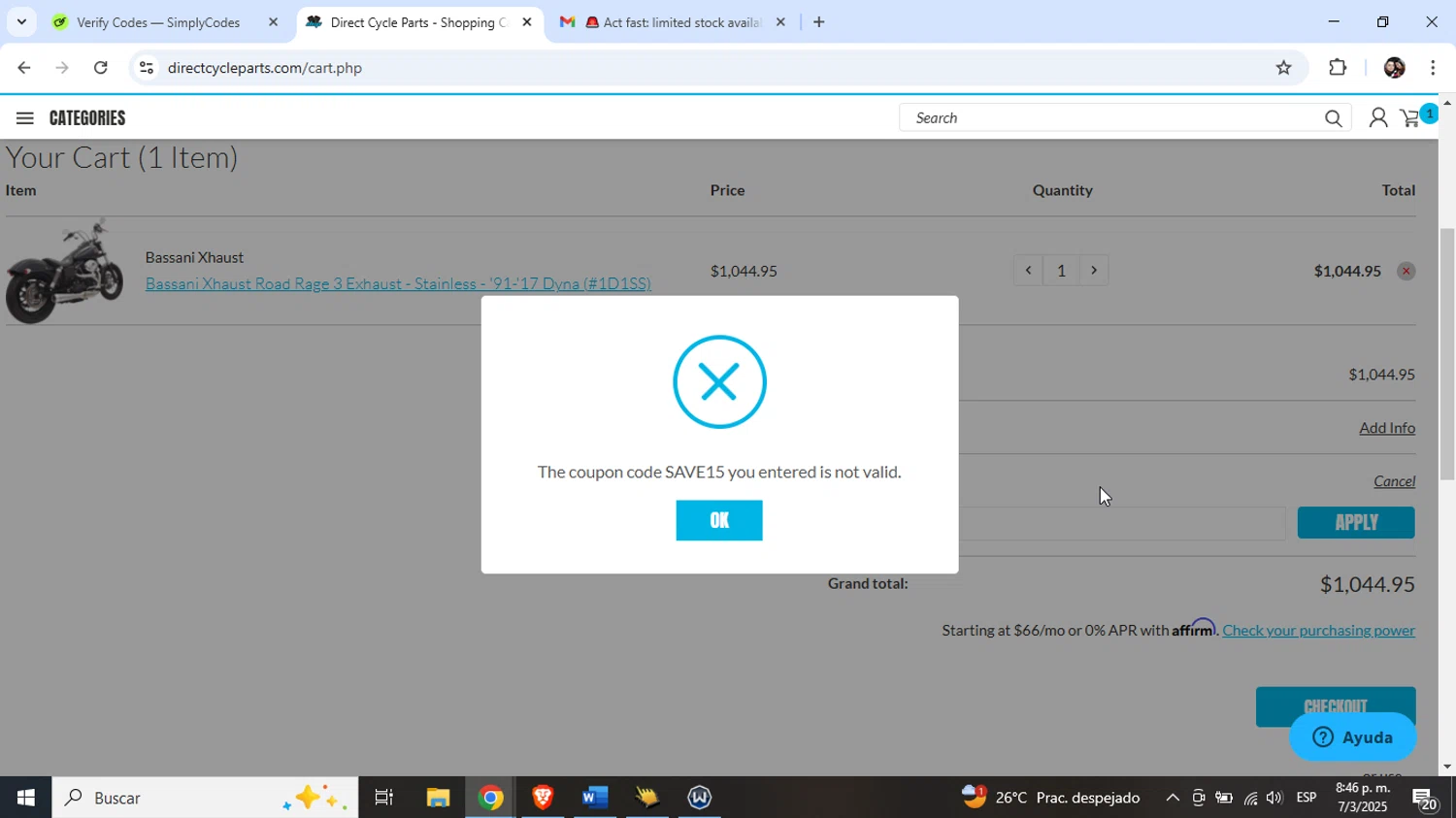 Direct Cycle Parts promo code screenshot showing code SAVE15 applied at Direct Cycle Parts checkout page. Uploaded by SimplyCodes community member Junniorduno on Mar 8, 2025