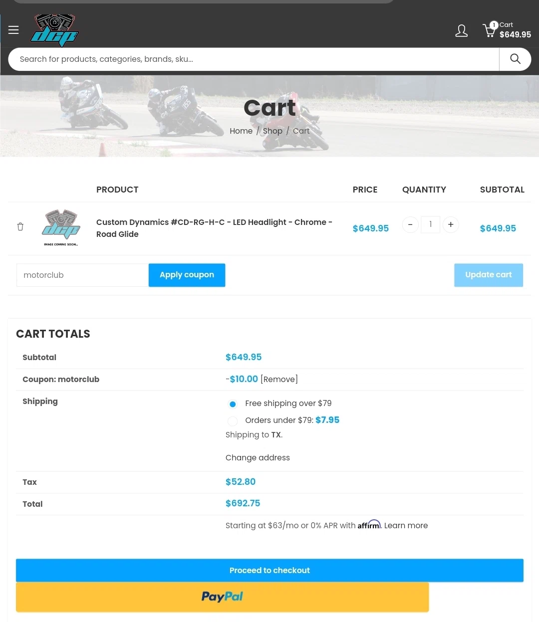 Direct Cycle Parts checkout page showing Direct Cycle Parts promo code box | Screenshot taken by SimplyCodes community member on Aug 27, 2023