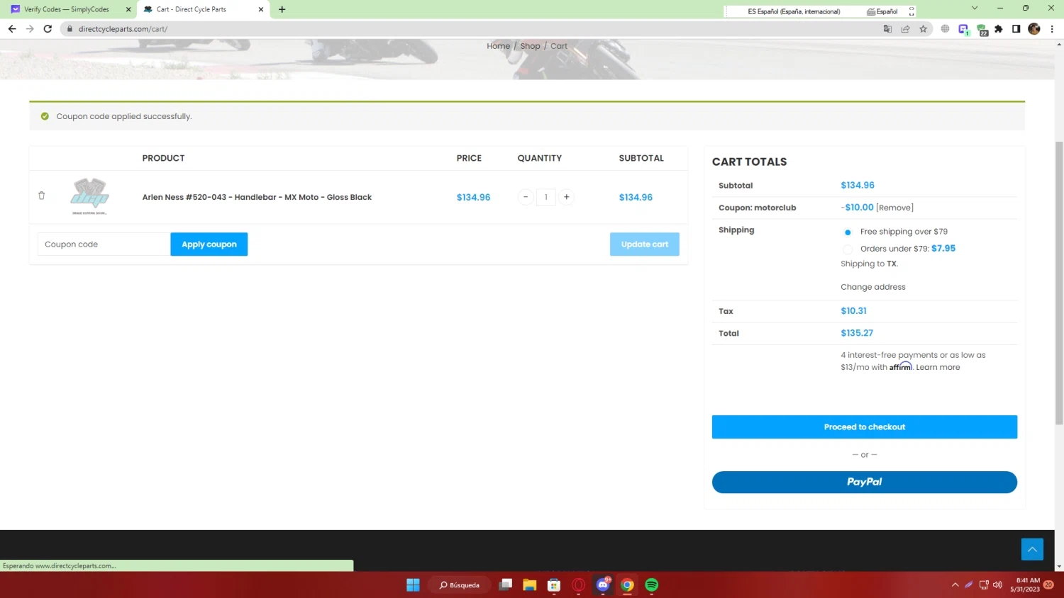Direct Cycle Parts checkout page showing Direct Cycle Parts promo code box | Screenshot taken by SimplyCodes community member on May 31, 2023