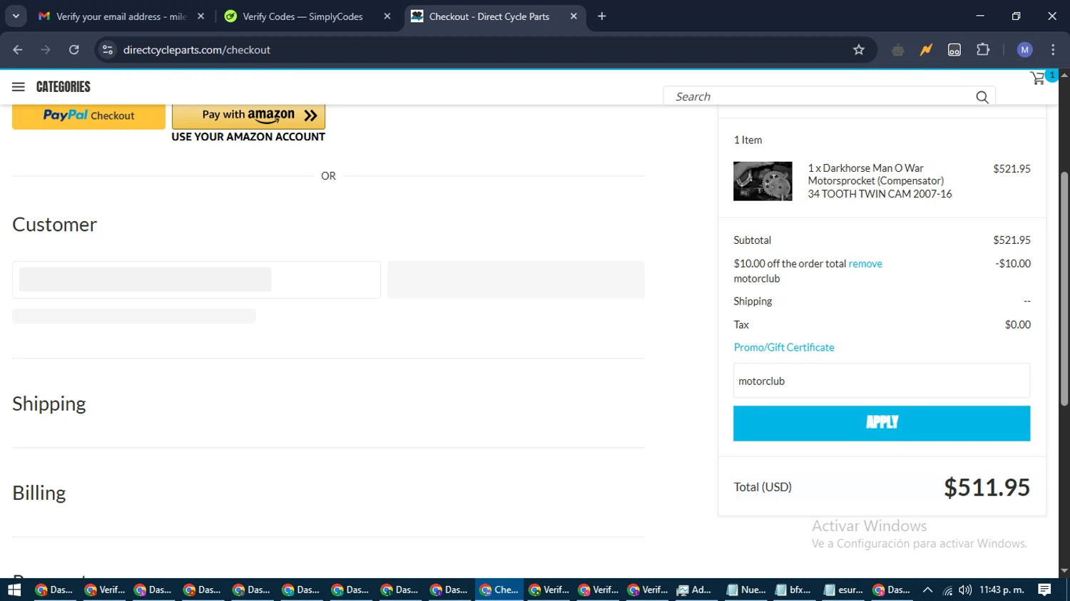 Direct Cycle Parts promo code screenshot showing code motorclub applied at Direct Cycle Parts checkout page. Uploaded by SimplyCodes community member PrimeFox5260 on Apr 22, 2025