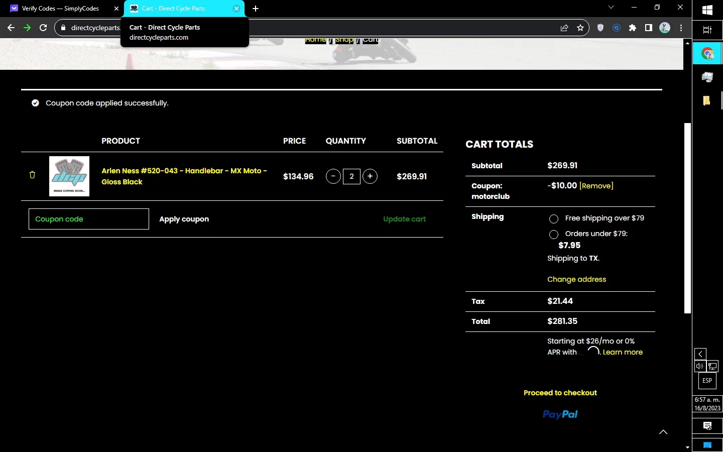Direct Cycle Parts checkout page showing Direct Cycle Parts promo code box | Screenshot taken by SimplyCodes community member on Aug 16, 2023
