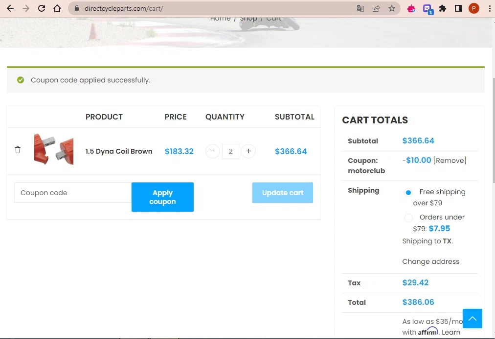 Direct Cycle Parts checkout page showing Direct Cycle Parts promo code box | Screenshot taken by SimplyCodes community member on May 2, 2023