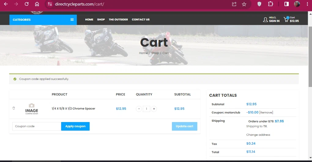 Direct Cycle Parts checkout page showing Direct Cycle Parts promo code box | Screenshot taken by SimplyCodes community member on Jun 19, 2023