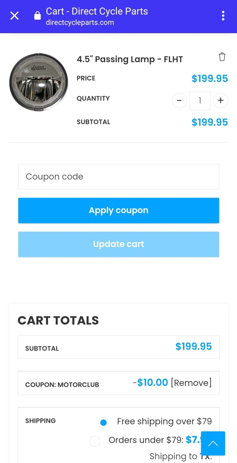 Direct Cycle Parts checkout page showing Direct Cycle Parts promo code box | Screenshot taken by SimplyCodes community member on Mar 5, 2023