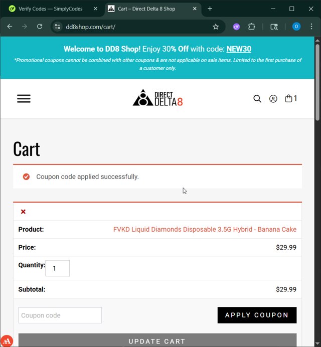 Direct Delta 8 checkout page showing Direct Delta 8 promo code box | Screenshot taken by SimplyCodes community member on Aug 28, 2025