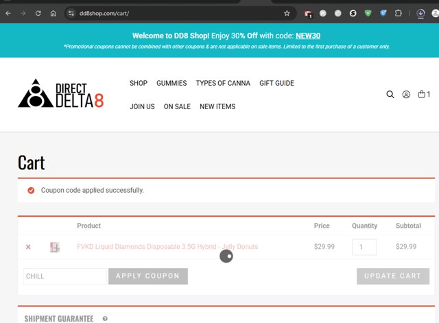 Direct Delta 8 checkout page showing Direct Delta 8 promo code box | Screenshot taken by SimplyCodes community member on Aug 13, 2025