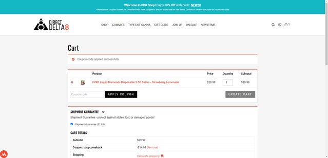 Direct Delta 8 checkout page showing Direct Delta 8 promo code box | Screenshot taken by SimplyCodes community member on Aug 9, 2025