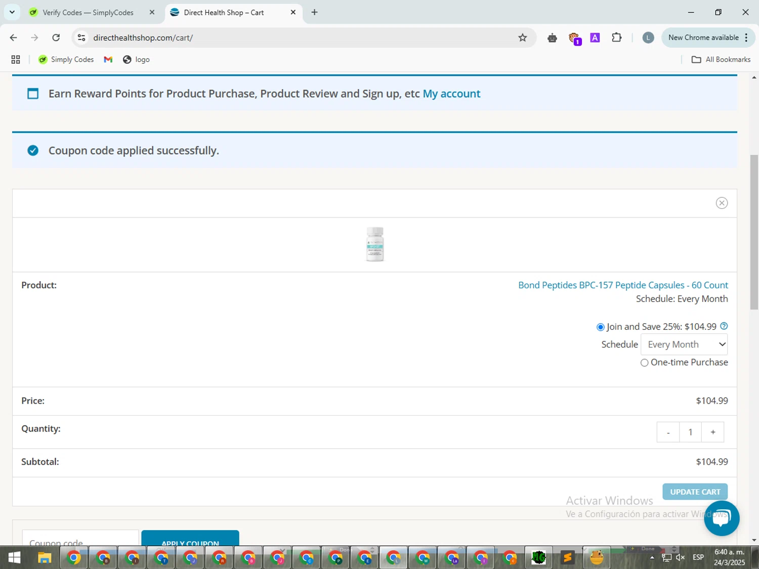 Direct Health Shop coupon code screenshot showing code COUPERT25 applied at Direct Health Shop checkout page. Uploaded by SimplyCodes community member SmartSpotter5969 on Mar 24, 2025