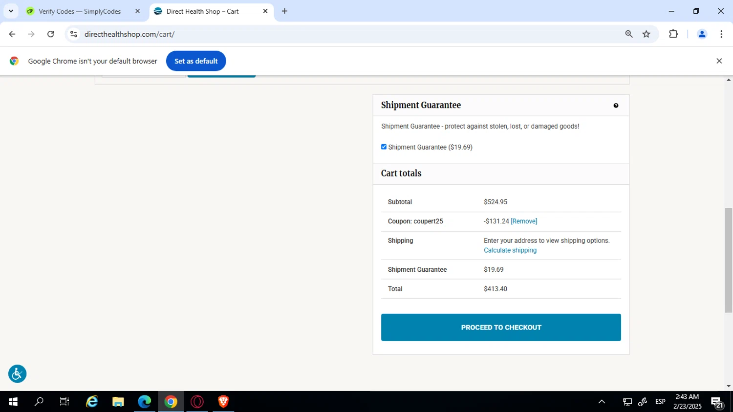 Direct Health Shop coupon code screenshot showing code COUPERT25 applied at Direct Health Shop checkout page. Uploaded by SimplyCodes community member SwiftPilot741 on Feb 23, 2025