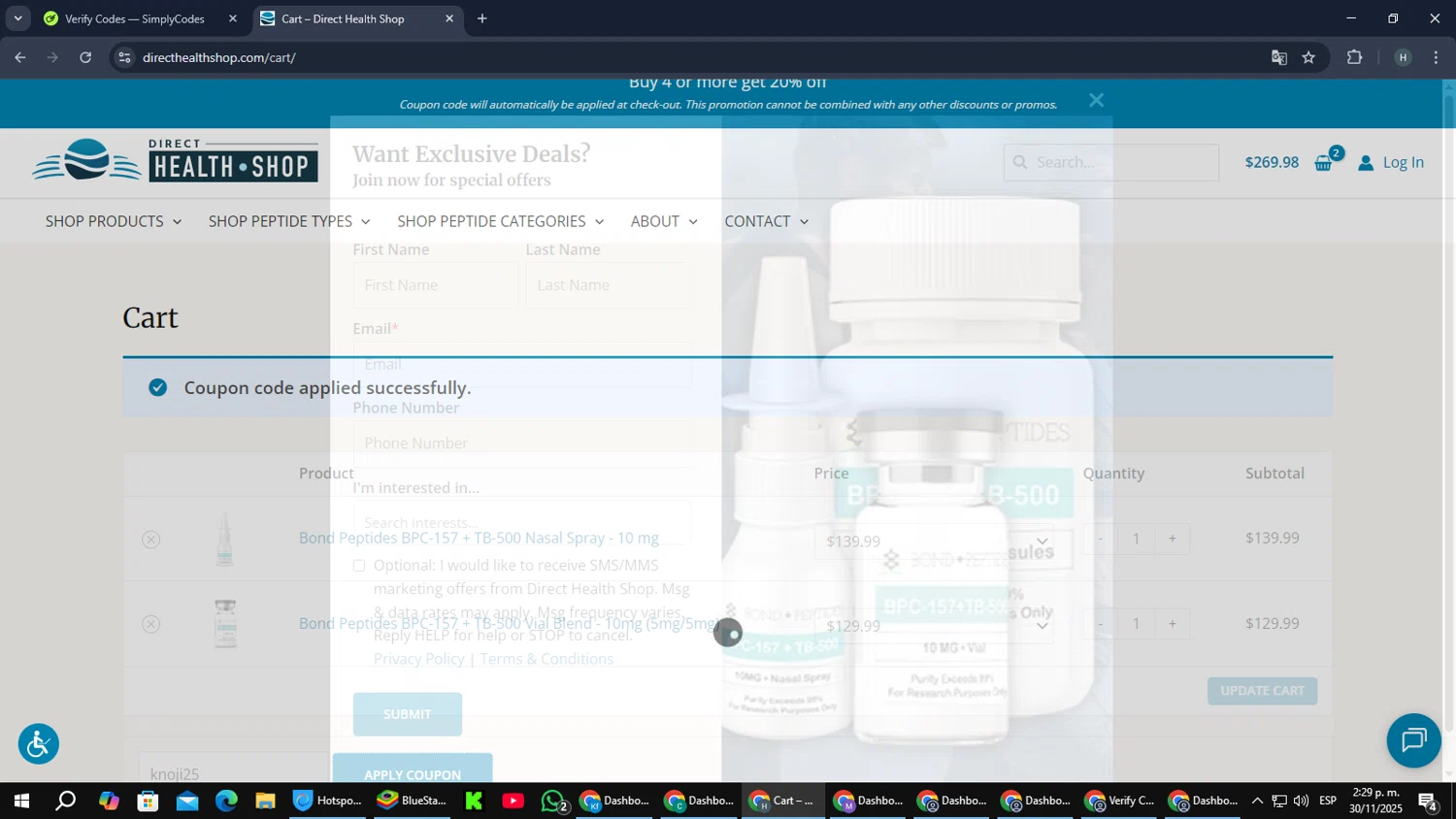 Direct Health Shop coupon code screenshot showing code knoji25 applied at Direct Health Shop checkout page. Uploaded by SimplyCodes community member PromoScout8746 on Nov 30, 2025