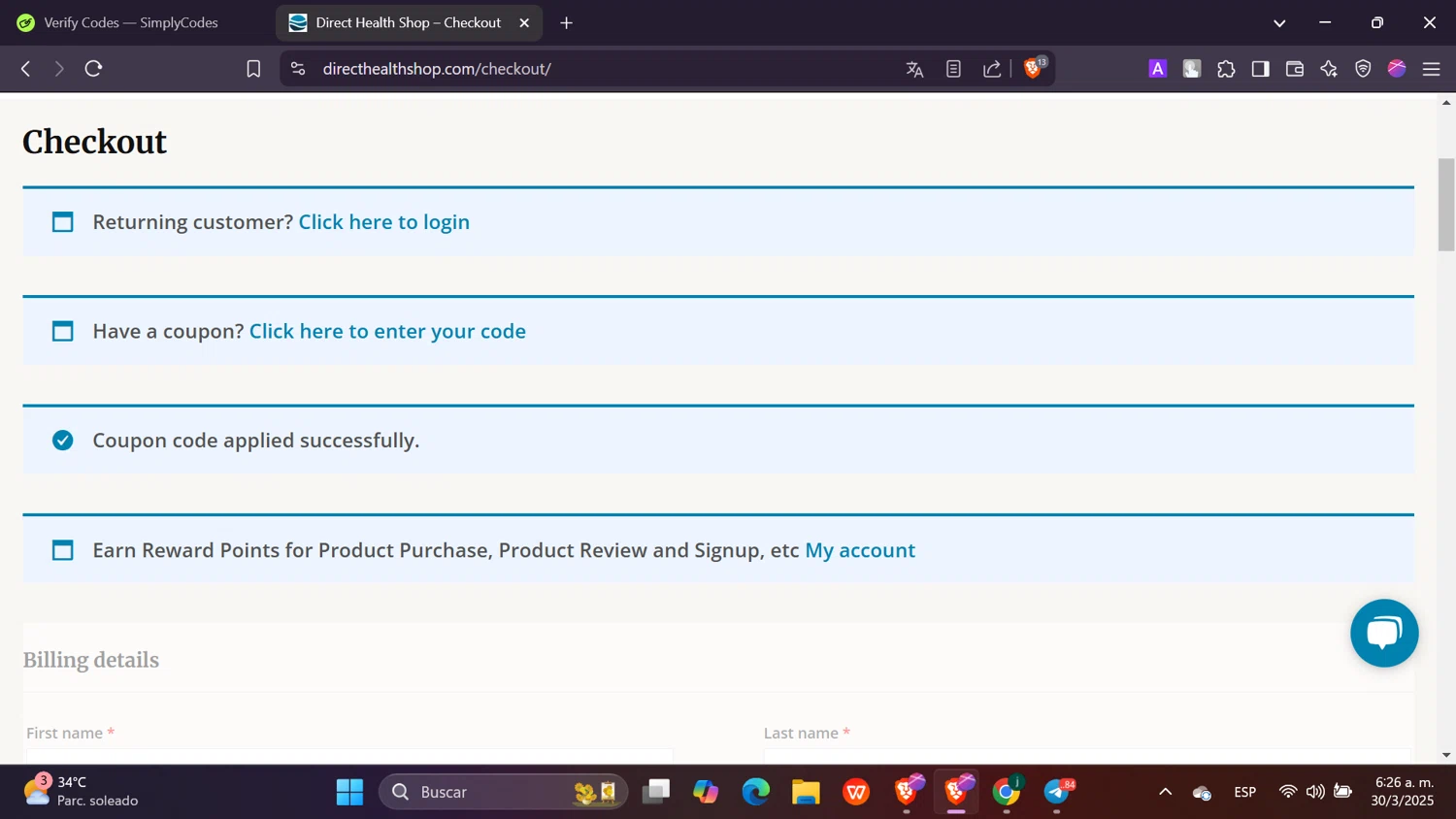 Direct Health Shop coupon code screenshot showing code knoji25 applied at Direct Health Shop checkout page. Uploaded by SimplyCodes community member Toji_fushiguro on Mar 30, 2025