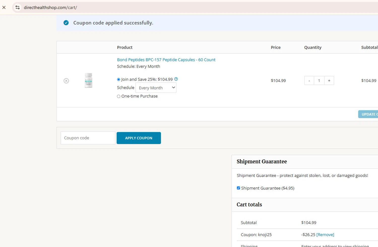 Direct Health Shop coupon code screenshot showing code knoji25 applied at Direct Health Shop checkout page. Uploaded by SimplyCodes community member SwiftHunter4675 on Mar 1, 2025