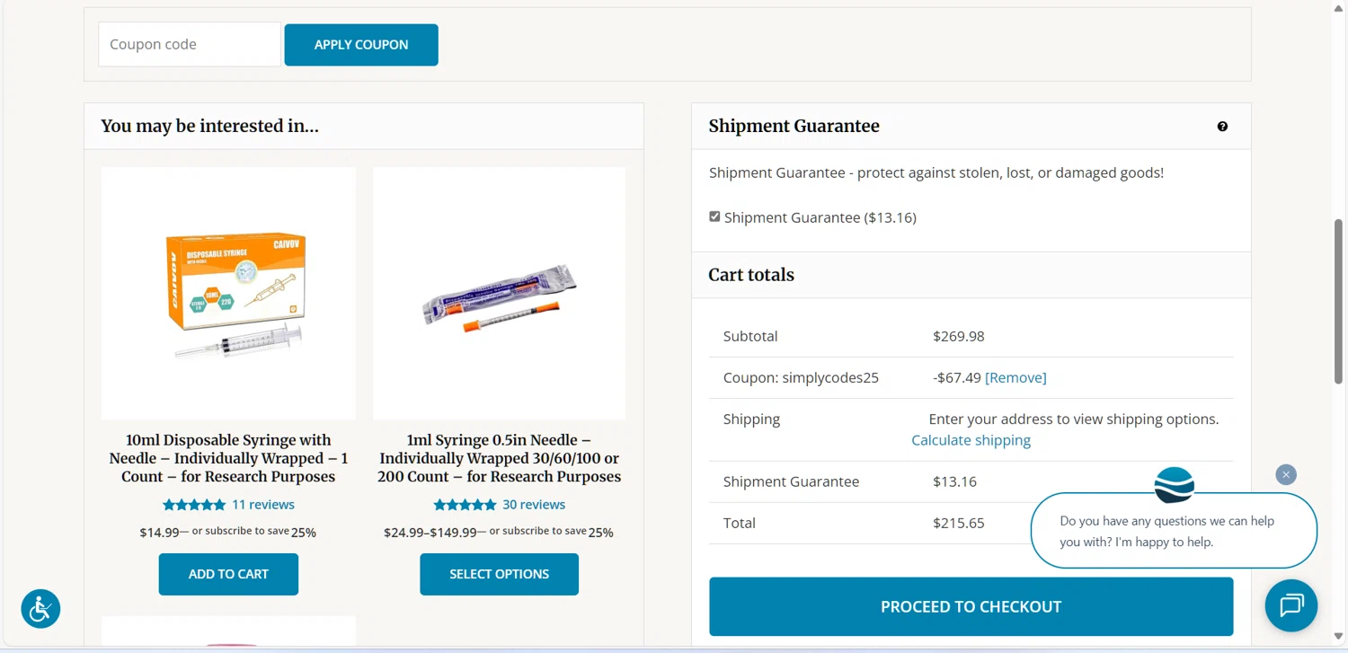 Direct Health Shop coupon code screenshot showing code simplycodes25 applied at Direct Health Shop checkout page. Uploaded by SimplyCodes community member BargainTiger9258 on Oct 16, 2025