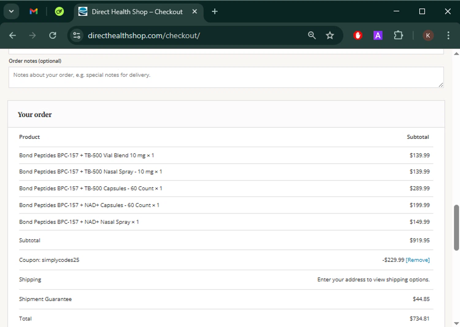 Direct Health Shop coupon code screenshot showing code simplycodes25 applied at Direct Health Shop checkout page. Uploaded by SimplyCodes community member Keilynkeyonshea on Mar 30, 2025