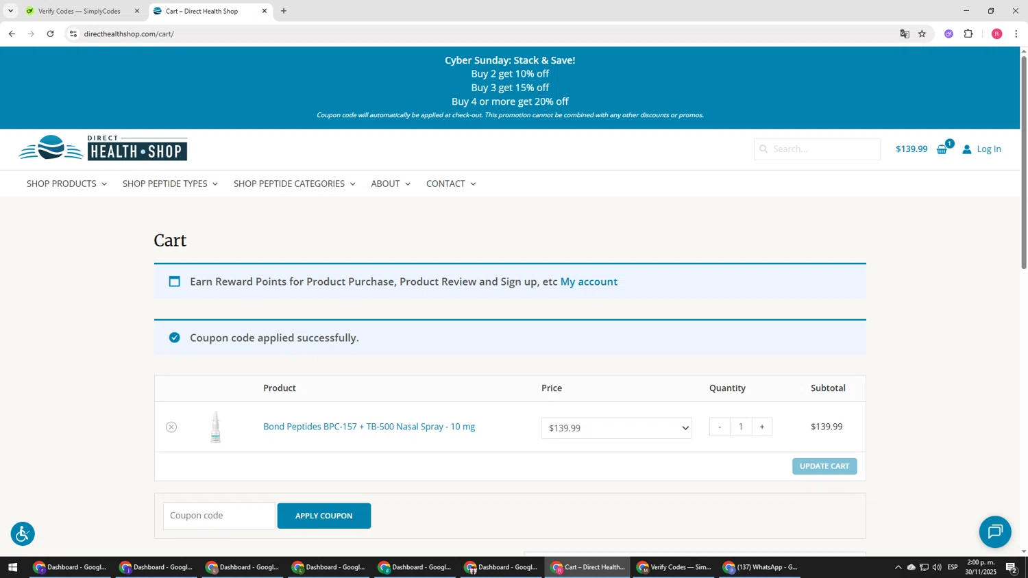 Direct Health Shop coupon code screenshot showing code simplycodes25 applied at Direct Health Shop checkout page. Uploaded by SimplyCodes community member TTTT55 on Nov 30, 2025