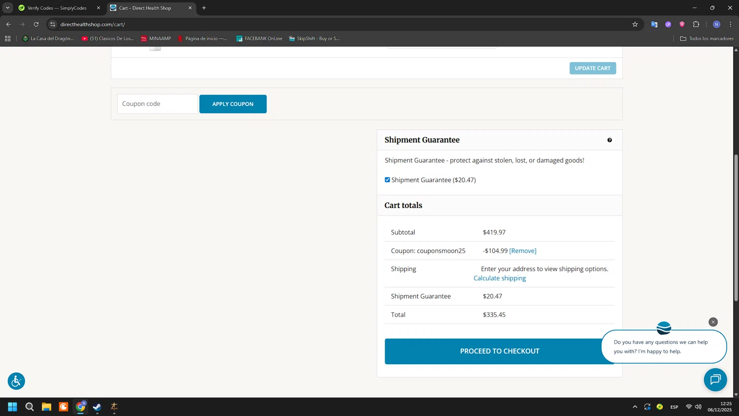 Direct Health Shop coupon code screenshot showing code couponsmoon25 applied at Direct Health Shop checkout page. Uploaded by SimplyCodes community member RoyalGuardian2978 on Dec 6, 2025