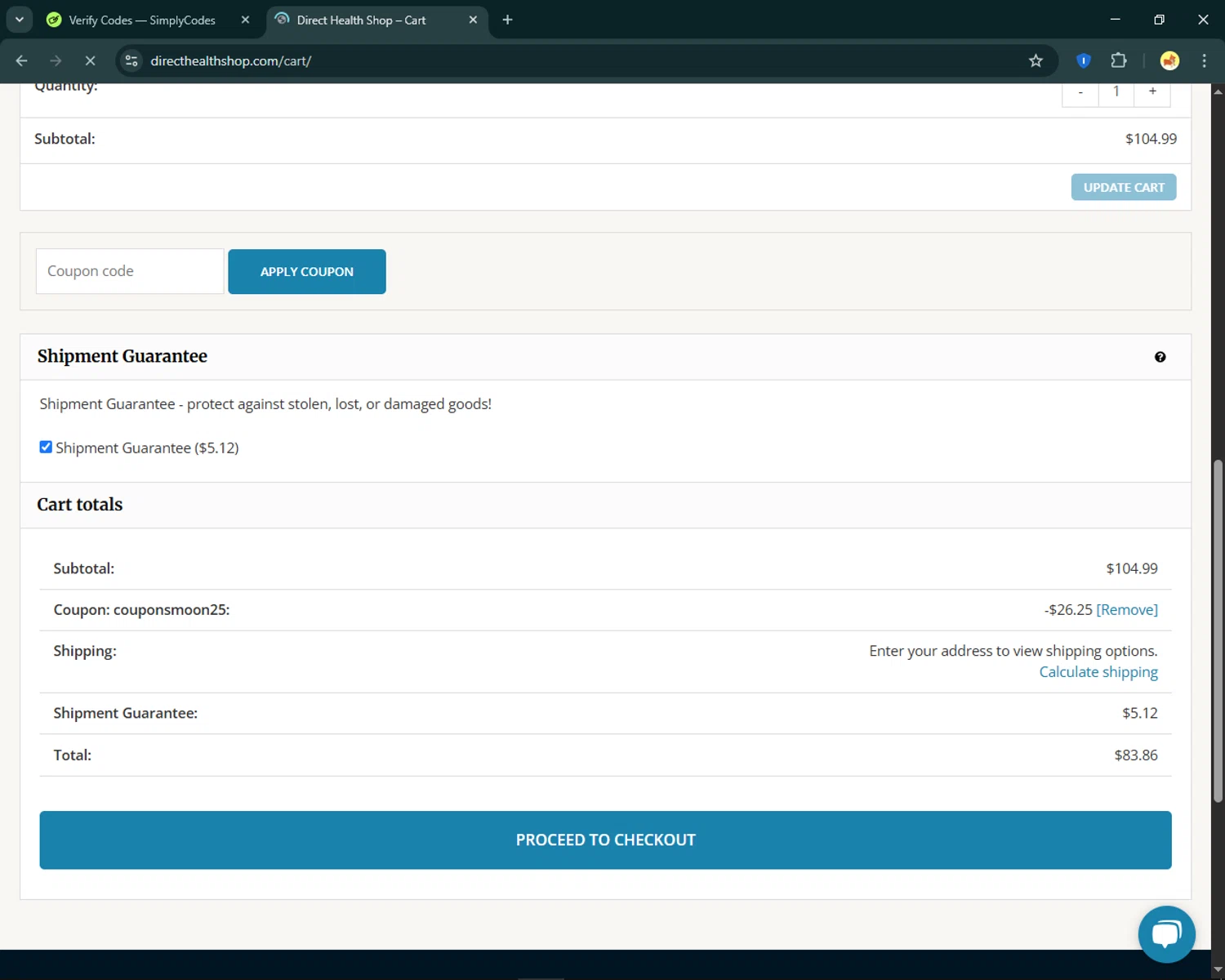 Direct Health Shop coupon code screenshot showing code couponsmoon25 applied at Direct Health Shop checkout page. Uploaded by SimplyCodes community member SmartFinder4193 on Apr 21, 2025