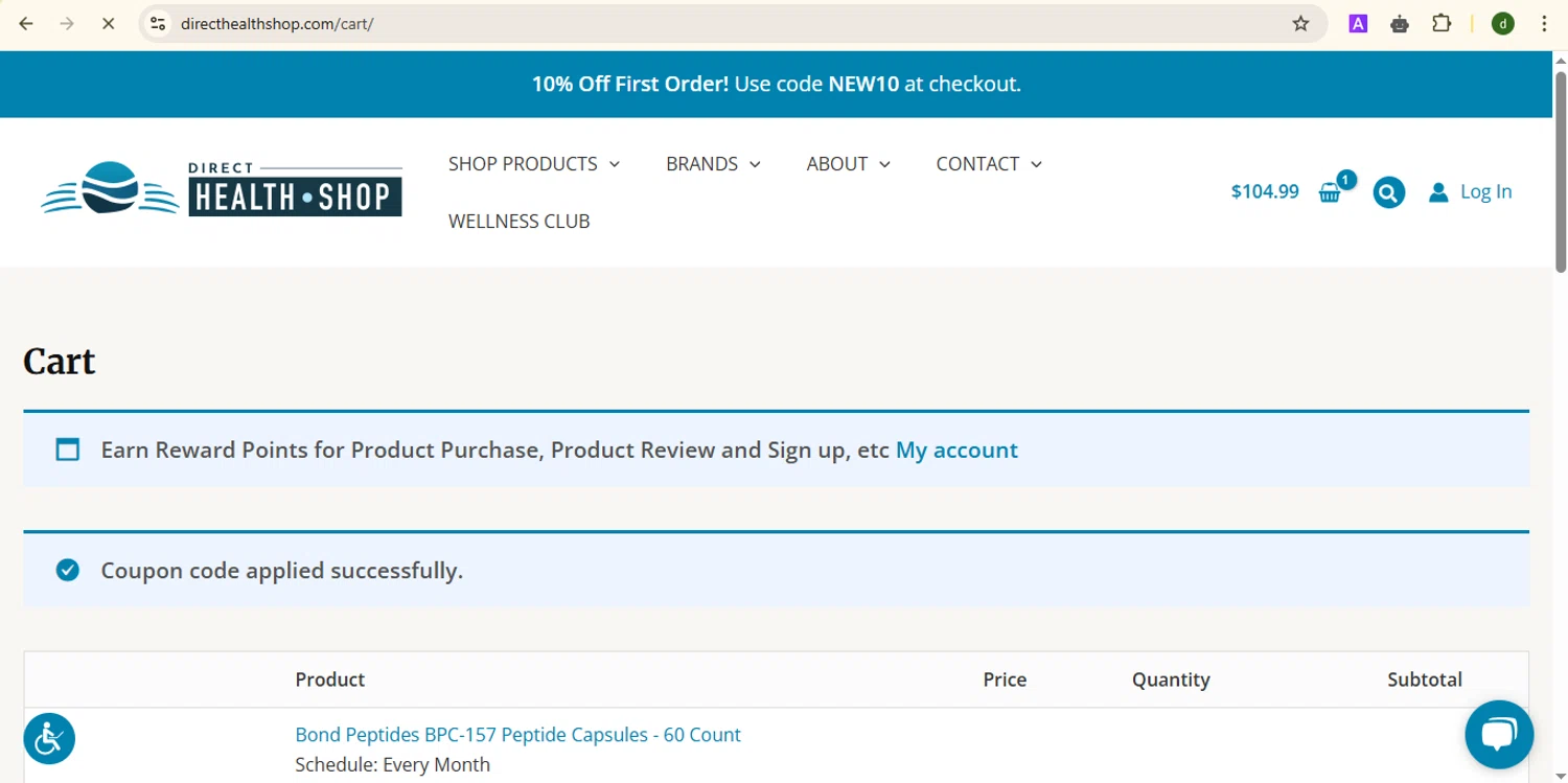 Direct Health Shop coupon code screenshot showing code couponsmoon25 applied at Direct Health Shop checkout page. Uploaded by SimplyCodes community member SmartTitan8055 on Apr 21, 2025