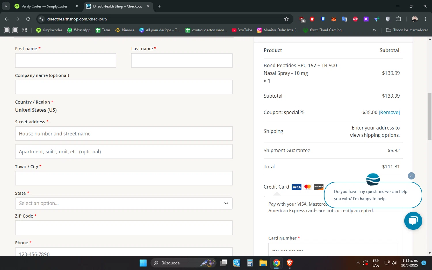 Direct Health Shop coupon code screenshot showing code special25 applied at Direct Health Shop checkout page. Uploaded by SimplyCodes community member ScanPhoenix352 on Mar 28, 2025