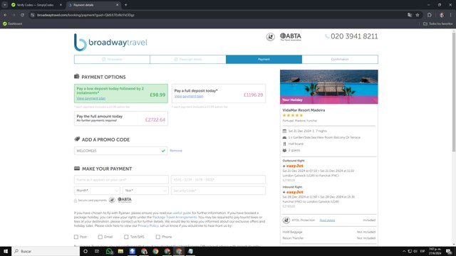 Broadway Travel checkout page showing Broadway Travel promo code box | Screenshot taken by SimplyCodes community member on Sep 27, 2024