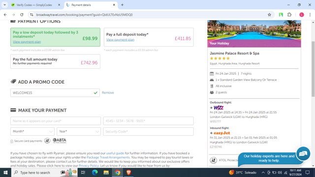 Broadway Travel checkout page showing Broadway Travel promo code box | Screenshot taken by SimplyCodes community member on Sep 27, 2024