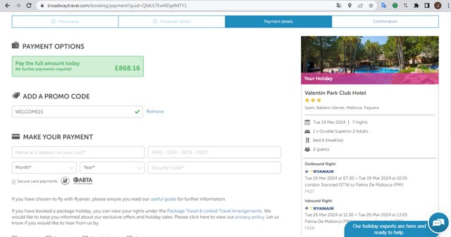 Broadway Travel checkout page showing Broadway Travel promo code box | Screenshot taken by SimplyCodes community member on Feb 28, 2024
