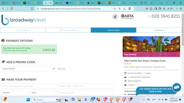 Broadway Travel checkout page showing Broadway Travel promo code box | Screenshot taken by SimplyCodes community member on Sep 27, 2024