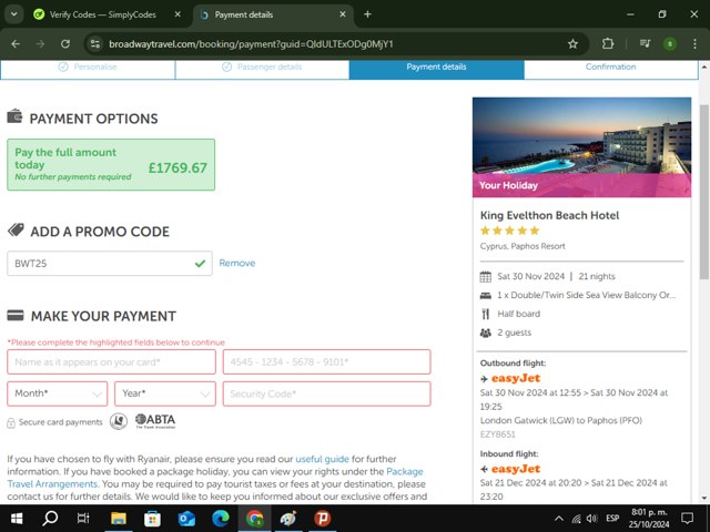Broadway Travel checkout page showing Broadway Travel promo code box | Screenshot taken by SimplyCodes community member on Oct 26, 2024