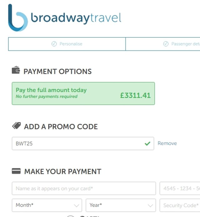 Broadway Travel checkout page showing Broadway Travel promo code box | Screenshot taken by SimplyCodes community member on Oct 25, 2024