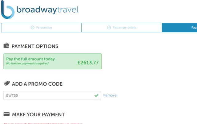 Broadway Travel checkout page showing Broadway Travel promo code box | Screenshot taken by SimplyCodes community member on Sep 27, 2024