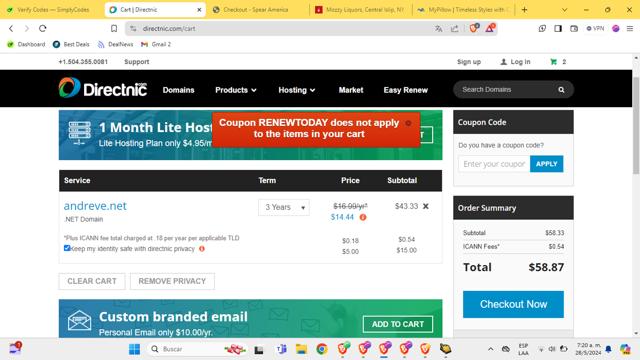 Directnic.com checkout page showing Directnic.com coupon code box | Screenshot taken by SimplyCodes community member on May 28, 2024