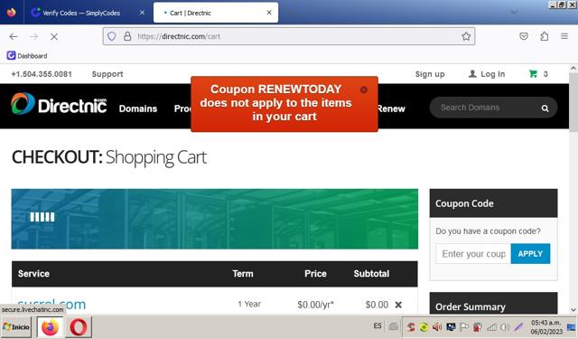 Directnic.com checkout page showing Directnic.com coupon code box | Screenshot taken by SimplyCodes community member on Feb 6, 2023