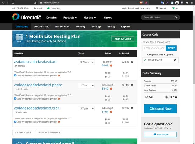Directnic.com checkout page showing Directnic.com coupon code box | Screenshot taken by SimplyCodes community member on May 12, 2021