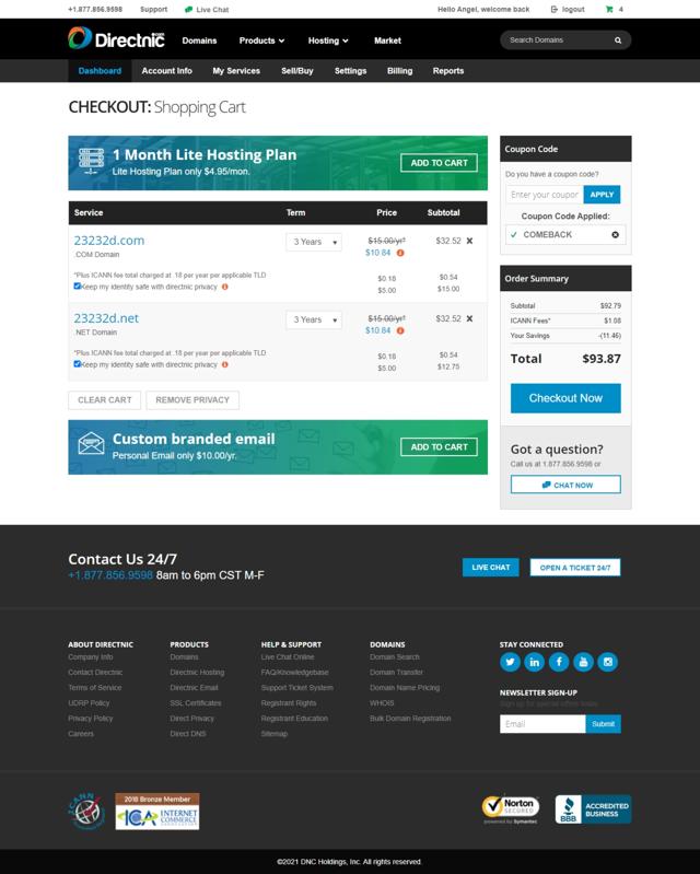 Directnic.com checkout page showing Directnic.com coupon code box | Screenshot taken by SimplyCodes community member on Apr 24, 2021