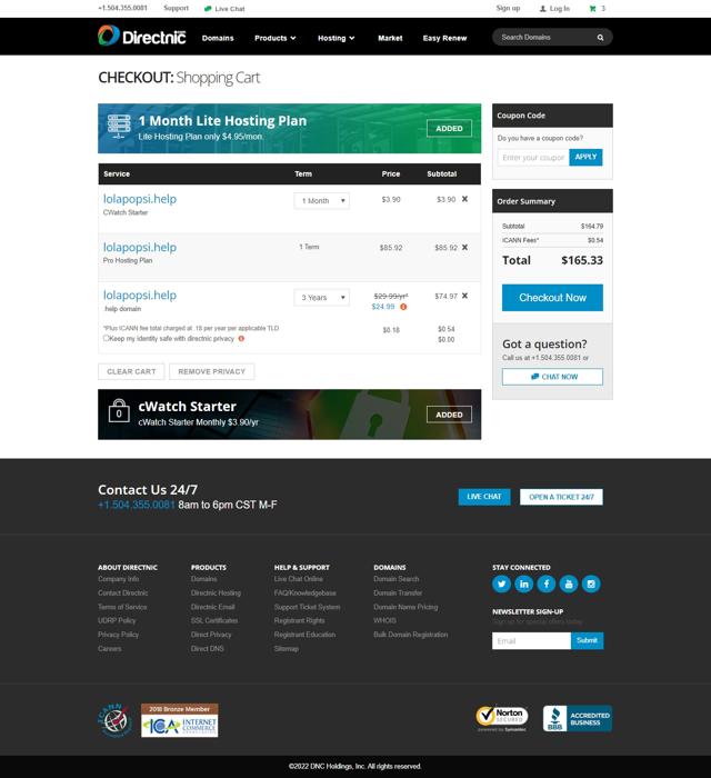 Directnic.com checkout page showing Directnic.com coupon code box | Screenshot taken by SimplyCodes community member on Aug 16, 2022