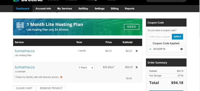 Directnic.com checkout page showing Directnic.com coupon code box | Screenshot taken by SimplyCodes community member on Jul 18, 2022