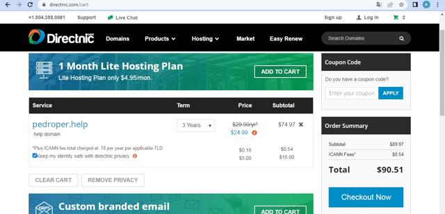 Directnic.com checkout page showing Directnic.com coupon code box | Screenshot taken by SimplyCodes community member on Mar 21, 2023