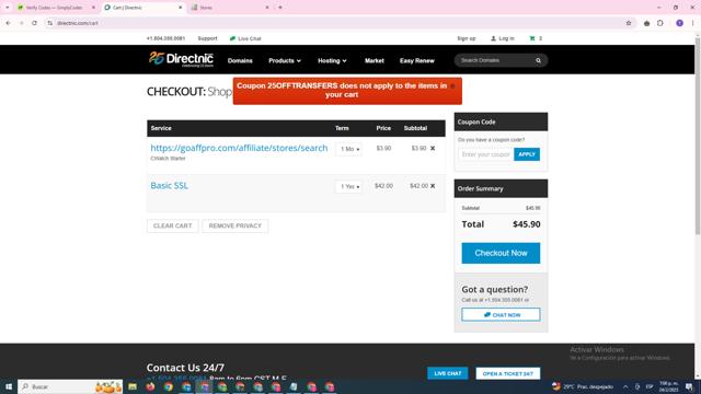 Directnic.com checkout page showing Directnic.com coupon code box | Screenshot taken by SimplyCodes community member on Feb 24, 2025