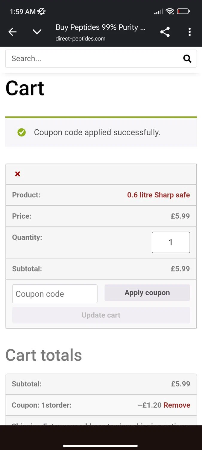 Direct Peptides US checkout page showing Direct Peptides US promo code box | Screenshot taken by SimplyCodes community member on Jan 6, 2026
