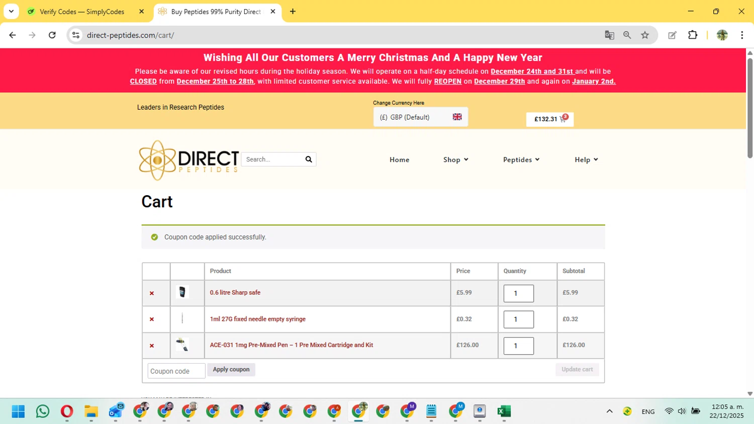 Direct Peptides US checkout page showing Direct Peptides US promo code box | Screenshot taken by SimplyCodes community member on Dec 22, 2025