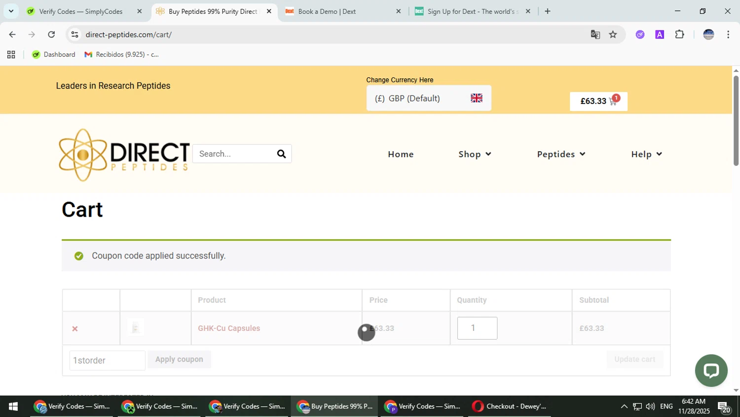Direct Peptides US checkout page showing Direct Peptides US promo code box | Screenshot taken by SimplyCodes community member on Nov 28, 2025