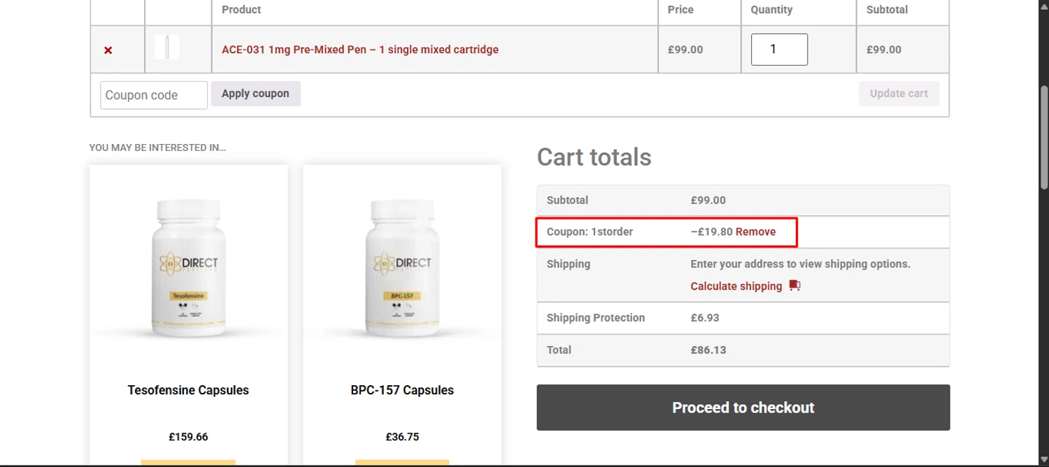 Direct Peptides US promo code screenshot showing code 1storder applied at Direct Peptides US checkout page. Uploaded by SimplyCodes community member noworries on Jan 16, 2026