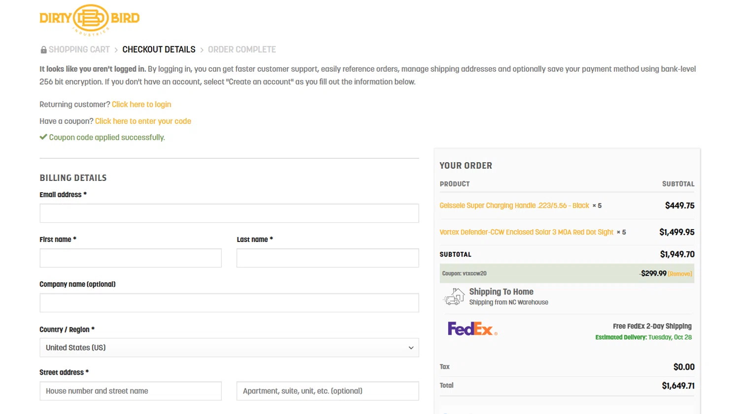 Dirty Bird Guns & Ammo checkout page showing Dirty Bird Guns & Ammo promo code box | Screenshot taken by SimplyCodes community member on Oct 25, 2025