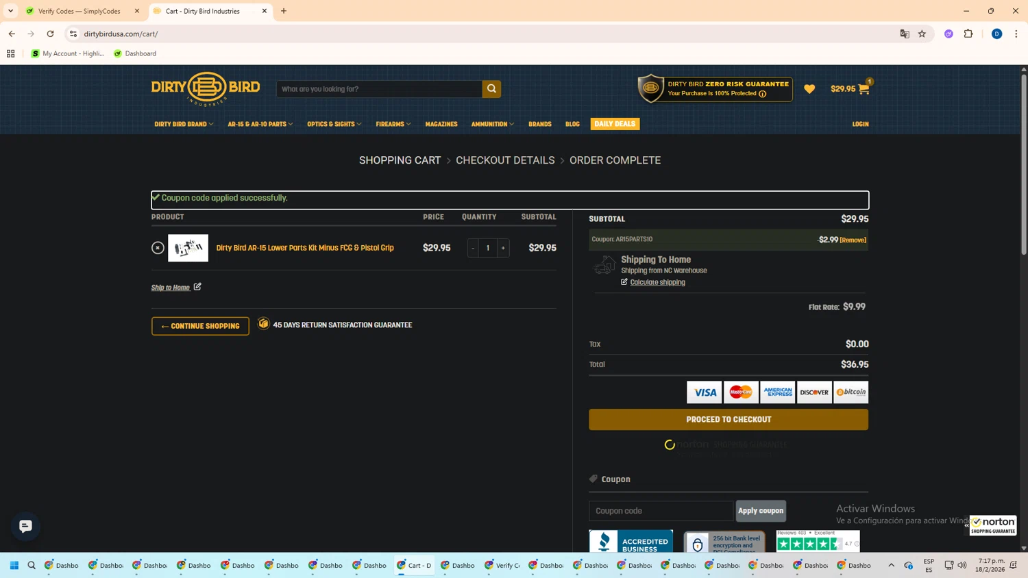 Dirty Bird Guns & Ammo checkout page showing Dirty Bird Guns & Ammo promo code box | Screenshot taken by SimplyCodes community member on Feb 18, 2026
