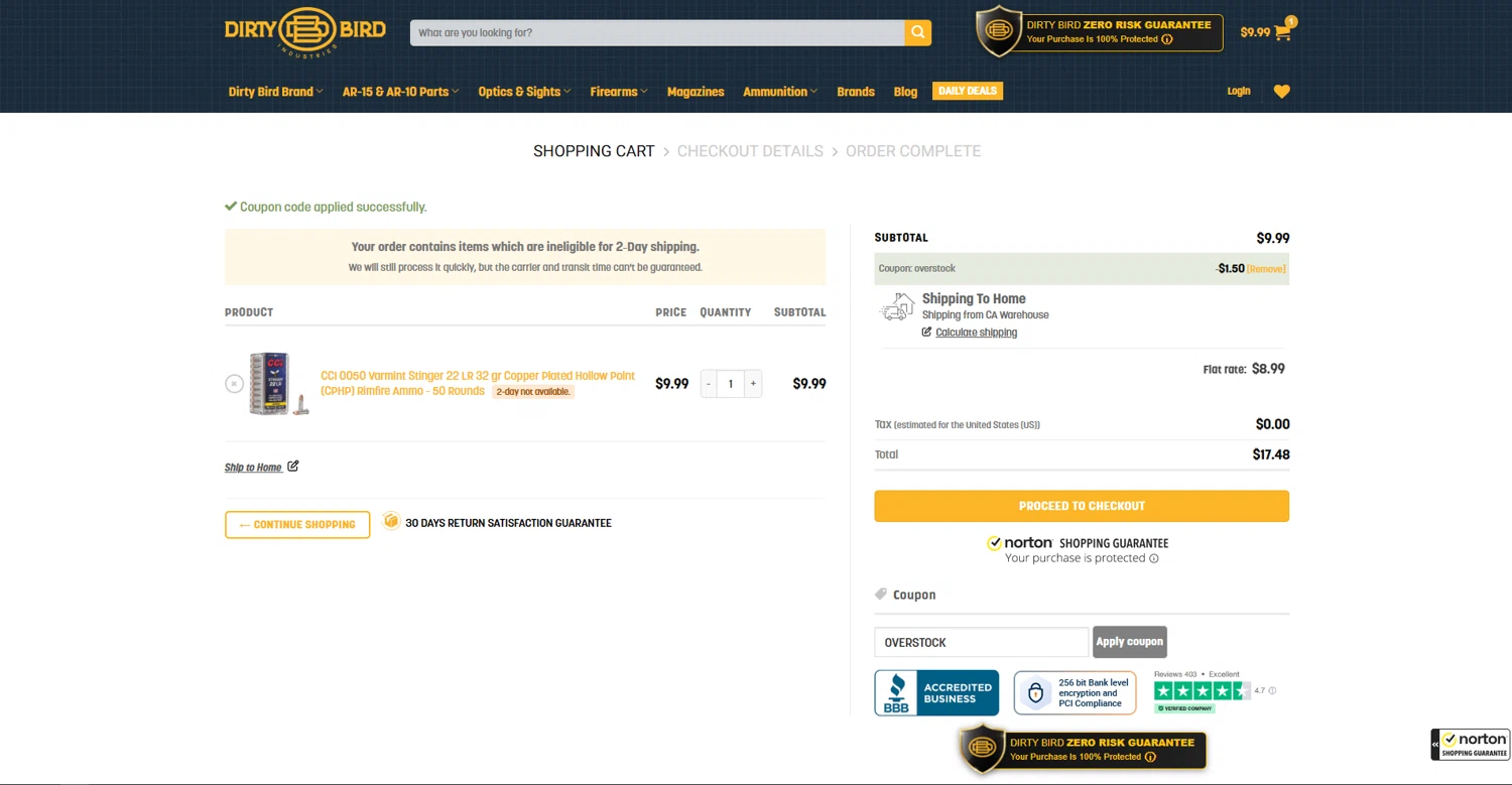 Dirty Bird Guns & Ammo promo code screenshot showing code OVERSTOCK applied at Dirty Bird Guns & Ammo checkout page. Uploaded by SimplyCodes community member vctr7w7x on Oct 25, 2025