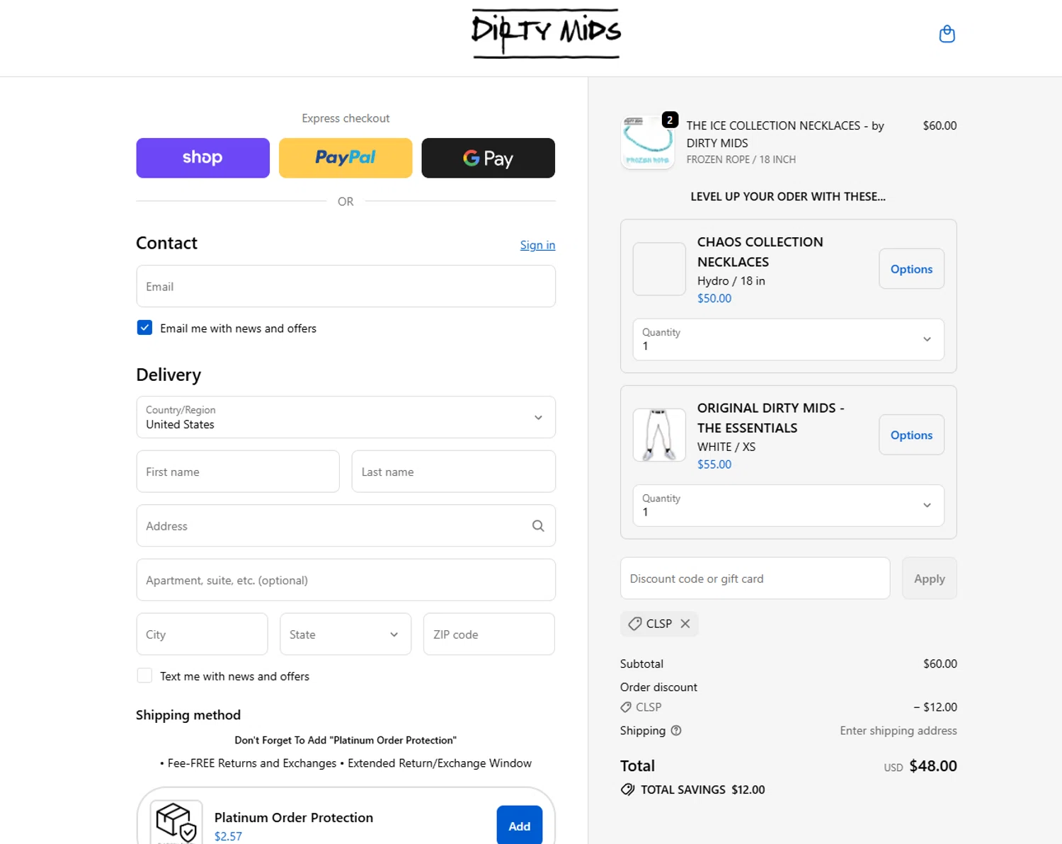 Dirty Mids coupon code screenshot showing code CLSP applied at Dirty Mids checkout page. Uploaded by SimplyCodes community member Billyyou on Feb 19, 2026