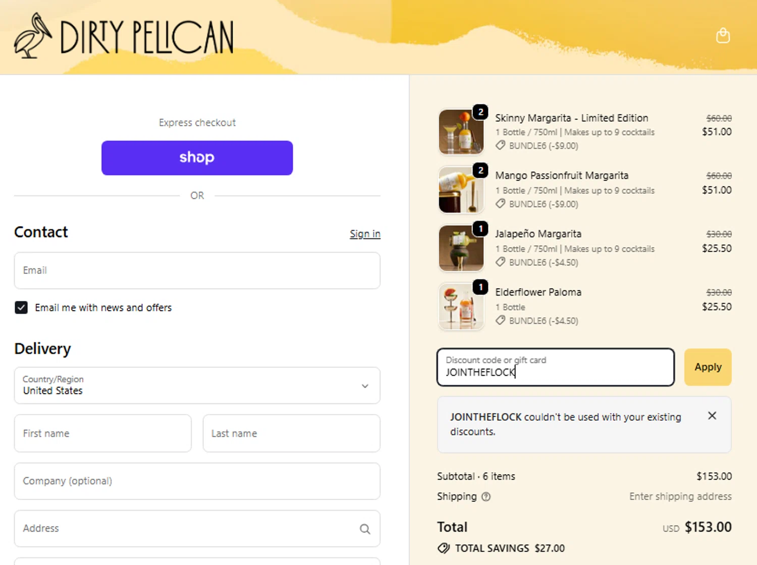 Dirty Pelican promo code screenshot showing code JOINTHEFLOCK applied at Dirty Pelican checkout page. Uploaded by SimplyCodes community member SwiftShopper8601 on Dec 29, 2025