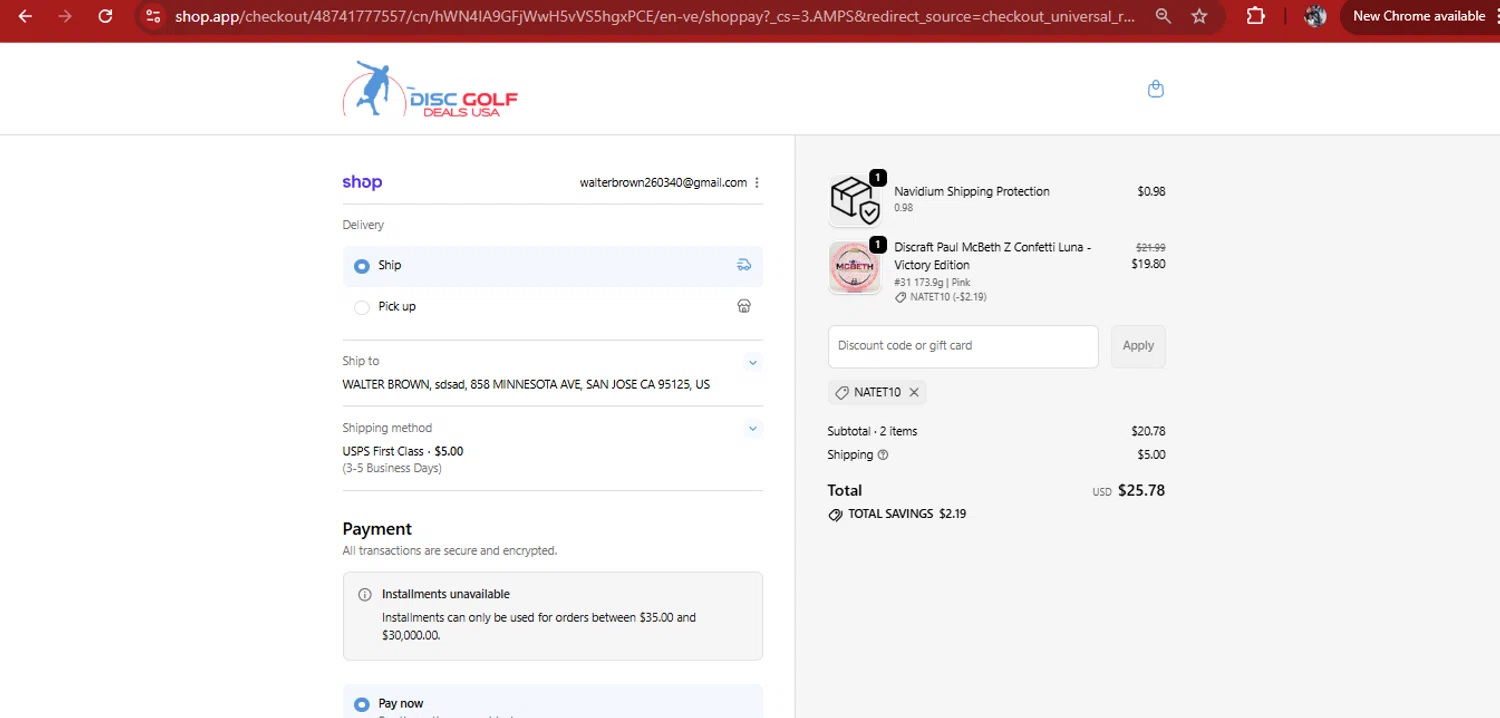 Disc Golf Deals USA discount code screenshot showing code NATET10 applied at Disc Golf Deals USA checkout page. Uploaded by SimplyCodes community member kimberlinmartinez on Oct 19, 2025